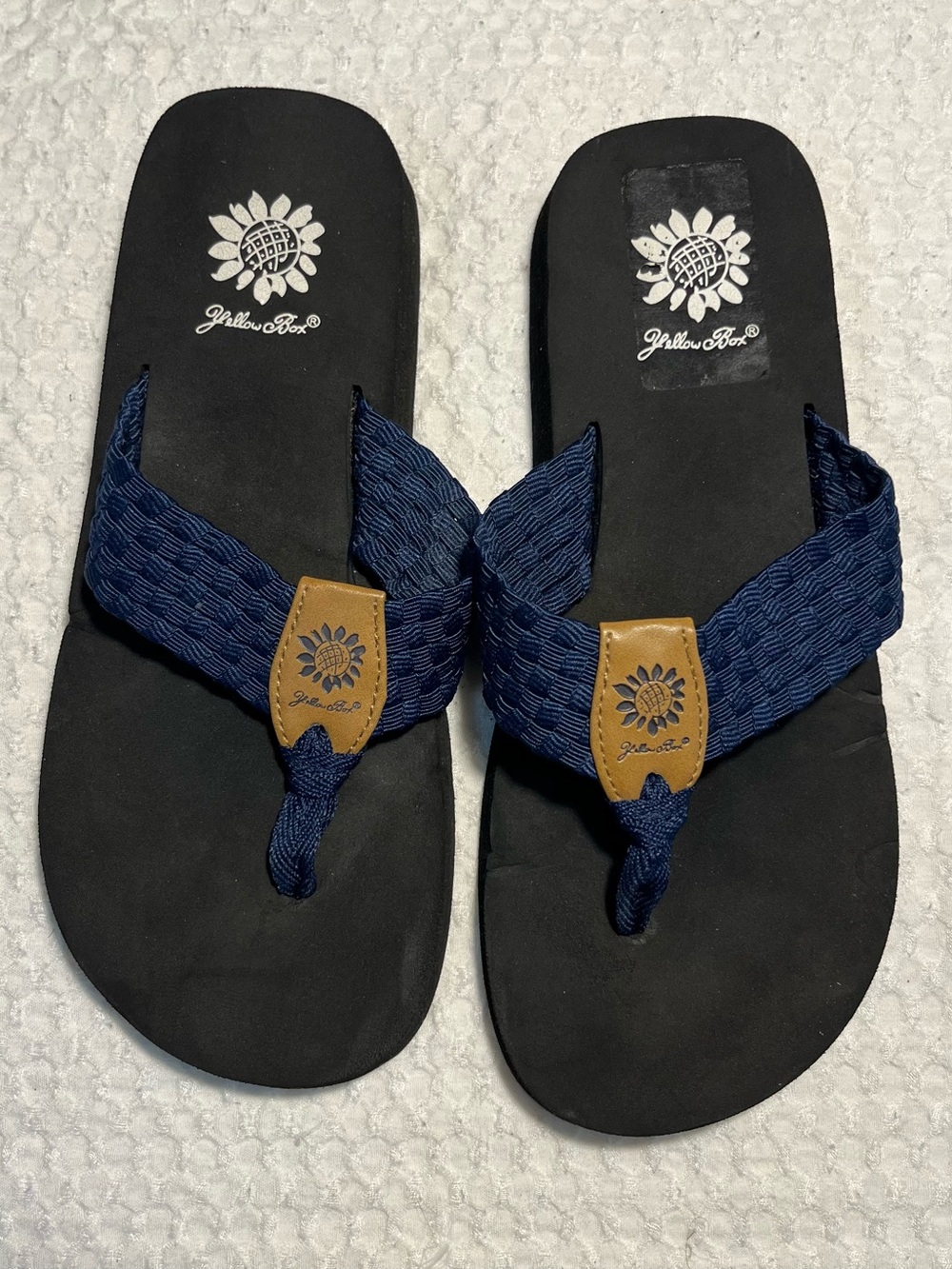Yellow Box Womens Navy Blue Woven Strap Flip Flops with Tan Accents